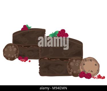 a vector illustration in eps 10 format of slices of chocolate cake with raspberry and mint leaf decoration on a white background Stock Vector