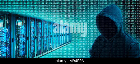 A number of servers with binary digits and the silhouette of a hacker Stock Photo