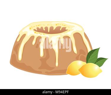 a vector illustration in eps 10 format of a round lemon drizzle cake with frosting and lemon bits on a white background with two whole lemons Stock Vector
