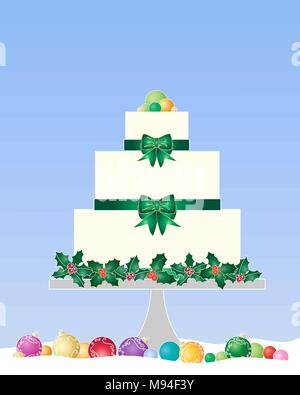 a vector illustration in eps 10 format of a festive Christmas cake with holly bauble and ribbon decoration on a blue background Stock Vector