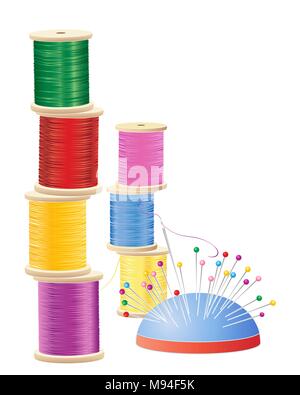 an illustration of a stack of colorful cotton reels with pin cushion and needle on a white background Stock Vector
