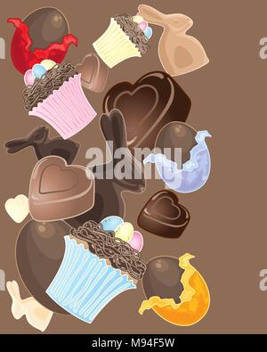 an illustration of delicious easter confectionery including chocolate eggs bunnies cupcakes and hearts scattered on a brown background Stock Vector