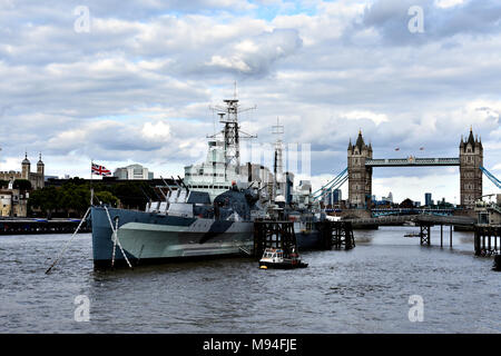 HMS Belfast is a museum ship, originally a light cruiser built for the Royal Navy, currently permanently moored on the River Thames in London, England Stock Photo