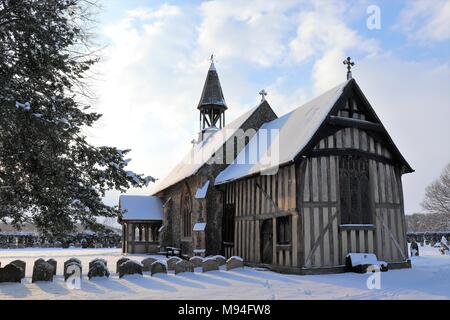 All Saint's Church, Crowfield, Suffolk, in the Snow Stock Photo