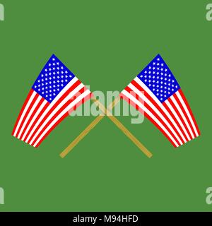 Two Crossed American Flags on Green Background Stock Vector
