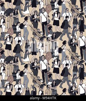 Family People Travel Crowd Seamless Pattern Black And White Stock 