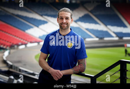 Scotland's Charlie Mulgrew during a Press Conference at Hampden Park, Glasgow. PRESS ASSOCIATION Photo. Picture date: Thursday March 22, 2018. See PA story SOCCER Scotland. Photo credit should read: Jane Barlow/PA Wire. RESTRICTIONS: Use subject to restrictions. Editorial use only. Commercial use only with prior written consent of the Scottish FA. Call +44 (0)1158 447447 for further information. Stock Photo