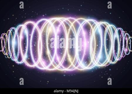 Abstract background of luminous multicolored neon waves. Music Equalizer. Wallpapers for your design. Colorful magic flying dust. Chaotic light circle Stock Vector