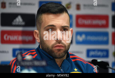 22 March 2018, Germany, Duesseldorf, Spain vs. Germany, Soccer press conference Spanish national team: Spanish player Jordi Alba listens to the questions of the press. Spain is going to play on Friday 23 March 2018 against Germany in a friendly match. Photo: Federico Gambarini/dpa Stock Photo