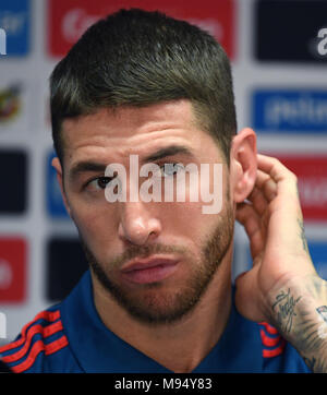 22 March 2018, Germany, Duesseldorf, Spain vs. Germany, Soccer press conference Spanish national team: Spanish player Sergio Ramos listens to the questions of the press. Spain is going to play on Friday 23 March 2018 against Germany in a friendly match. Photo: Federico Gambarini/dpa Stock Photo