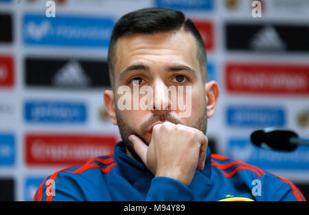 22 March 2018, Germany, Duesseldorf, Spain vs. Germany, Soccer press conference Spanish national team: Spanish player Jordi Alba listens to the questions of the press. Spain is going to play on Friday 23 March 2018 against Germany in a friendly match. Photo: Ina Fassbender/dpa Stock Photo