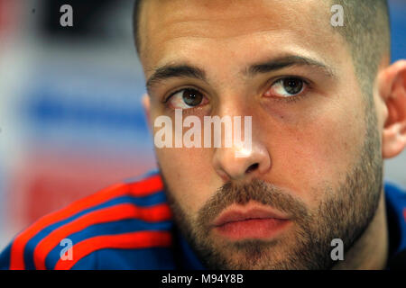 22 March 2018, Germany, Duesseldorf, Spain vs. Germany, Soccer press conference Spanish national team: Spanish player Jordi Alba listens to the questions of the press. Spain is going to play on Friday 23 March 2018 against Germany in a friendly match. Photo: Ina Fassbender/dpa Stock Photo
