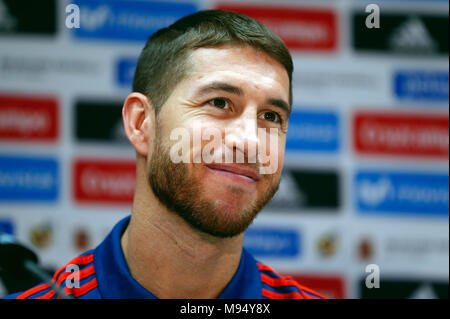 22 March 2018, Germany, Duesseldorf, Spain vs. Germany, Soccer press conference Spanish national team: Spanish player Sergio Ramos listens to the questions of the press. Spain is going to play on Friday 23 March 2018 against Germany in a friendly match. Photo: Ina Fassbender/dpa Stock Photo