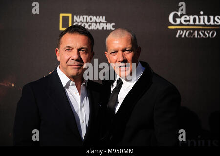 Malaga, Malaga, Spain. 22nd Mar, 2018. Spanish actor and director Antonio Banderas poses with Pablo Picasso's grandson Olivier Widmaier Picasso during a photocall before the world promotional premiere at the Cervantes theatre.The city of Malaga welcomes the premiere of the second season of National Geographic's anthology series ''˜Genius', about Spanish artist Pablo Picasso life and works interpreted by the actor Antonio Banderas. On the long awaited promotional premiere participated the actor Antonio Banderas, director Ken Biller and all main cast members. The television series will be p Stock Photo