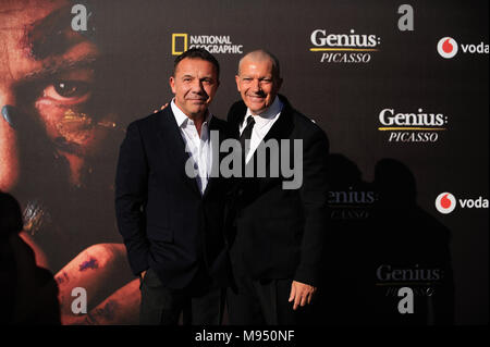 Malaga, Malaga, Spain. 22nd Mar, 2018. Spanish actor and director Antonio Banderas poses with Pablo Picasso's grandson Olivier Widmaier Picasso during a photocall before the world promotional premiere at the Cervantes theatre.The city of Malaga welcomes the premiere of the second season of National Geographic's anthology series ''˜Genius', about Spanish artist Pablo Picasso life and works interpreted by the actor Antonio Banderas. On the long awaited promotional premiere participated the actor Antonio Banderas, director Ken Biller and all main cast members. The television series will be p Stock Photo