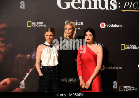 Malaga, Malaga, Spain. 22nd Mar, 2018. French actress Clemence Poesy, British actress Poppy Delevingne, and British actress Samantha Colley pose during a photocall before the world promotional premiere at the Cervantes theatre.The city of Malaga welcomes the premiere of the second season of National Geographic's anthology series ''˜Genius', about Spanish artist Pablo Picasso life and works interpreted by the actor Antonio Banderas. On the long awaited promotional premiere participated the actor Antonio Banderas, director Ken Biller and all main cast members. The television series will be Stock Photo