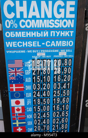 International currency rates on the board outside a bureau-de-change in Hradcany district, on 19th March, 2018, in Prague, the Czech Republic. Stock Photo