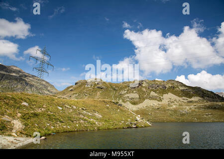 Bernina Railway links St. Moritz, Switzerland, with the town of Tirano, Italy, via the Bernina Pass Stock Photo