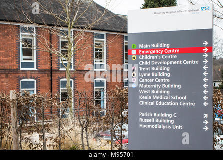 The Royal Stoke Hospital in Stoke on Trent with sign listing departments Stock Photo