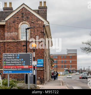 Royal Stoke Hospital in Stoke on Trent with departmental sign Stock Photo