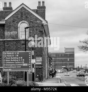 Royal Stoke Hospital in Stoke on Trent with departmental sign Stock Photo