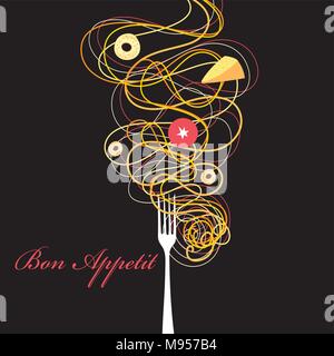 Vector advertising poster of a spaghetti with a fork on a dark background. Example for the restaurant menu. Stock Vector