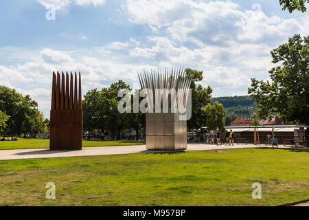 PRAGUE, CZECH REPUBLIC - JUNE 15, 2017: View of Jan Palach Memorial called the Sculptural composition of the Son’s and Mother’s Houses in Prague on Ju Stock Photo