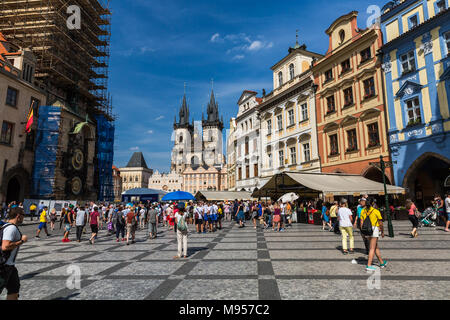 PRAGUE, CZECH REPUBLIC - JUNE 15, 2017: View of the Prague astronomical clock during reconstruction on June 15, 2017. Prague orloj is a medieval astro Stock Photo