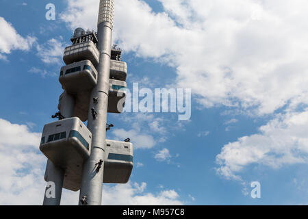 PRAGUE, CZECH REPUBLIC - JUNE 16, 2017: Exterior view of the The Zizkov Television Tower in Prague on June 16, 2017. Its a unique transmitter tower bu Stock Photo