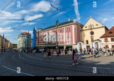 PRAGUE, CZECH REPUBLIC - JUNE 15, 2017: Exterior view of the shopping center Palladium in the city center of Prague on June 15, 2017. This shopping ma Stock Photo
