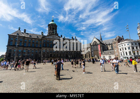 AMSTERDAM, NETHERLANDS - MAY 27, 2017: Exterior view of Paleis op de Dam Koninklijk in the old town part of Amsterdam on May 27, 2017. Amsterdam is po Stock Photo