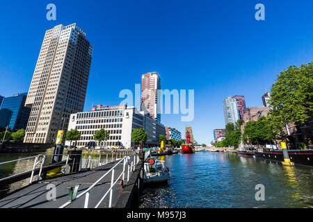 ROTTERDAM, NETHERLANDS - MAY 25, 2017: Exterior view of the Leuvehaven ship harbor in the city center of Rotterdam on May 25, 2017. Its located betwee Stock Photo