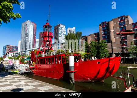 ROTTERDAM, NETHERLANDS - MAY 25, 2017: Exterior view of the Leuvehaven ship harbor in the city center of Rotterdam on May 25, 2017. Its located betwee Stock Photo