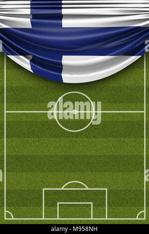 Finland country flag draped over a football soccer pitch. 3D Rendering Stock Photo