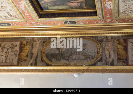Italy, Florence - May 18 2017: the view of the ceiling fresco detail of the Sala di Giove at Palazzo Vecchio on May 18 2017 in Florence, Italy.