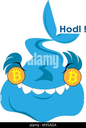 Satisfied whale with bitcoins in the eyes Hodl logo-illustration Stock Vector