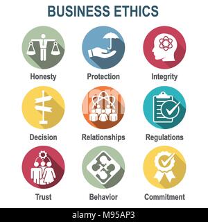 Business Ethics Solid Icon Set with Honesty, Integrity, Commitment, & Decision Stock Vector