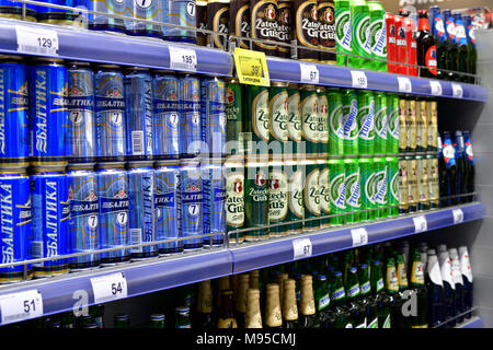 Moscow, Russia - March 18. 2018. beer of different brands at Perekrestok store Stock Photo