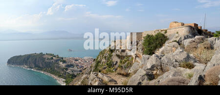 The Acronauplia is the oldest part of the city of Nafplion,  panoramic view from  Palamidi fortess Stock Photo