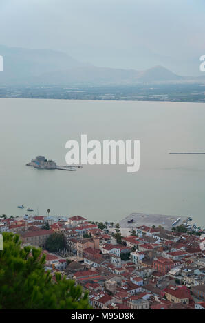 Sintagmatos square and Bourtzi view from Palamidi Castle in Nafplion , Greece Stock Photo