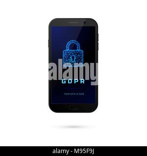 GDPR - General Data Protection Security.  Phone with padlock on screen isolated on white background. Vector illustration Stock Vector