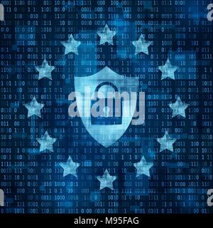 General Data Protection Regulation - GDPR. Shild with padlock, data secure. Stars on blue matrix background. Vector illustration Stock Vector