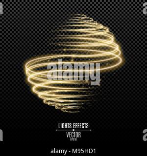 Abstract glowing sphere from golden neon lines on a transparent background. Flying Luminous Magic Dust. Light effect. Graphic element. Vector illustra Stock Vector