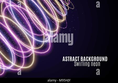 Abstract background of luminous colorful neon waves. Wallpapers for your design. Magic flying dust. Chaotic light circles. Twisted lines, neon tracks. Stock Vector