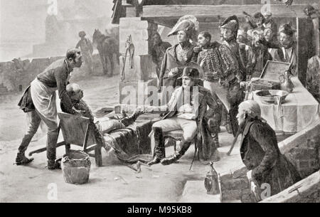Napoleon visiting the wounded after The Battle of Ulm, 1805.   Napoléon Bonaparte, 1769 – 1821.  French statesman and military leader.  From Hutchinson's History of the Nations, published 1915 Stock Photo