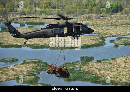 Louisiana National Guardsmen from the 1st Battalion, 244th Assault Helicopter Regiment drop Christmas trees into Bayou Sauvage in New Orleans to help combat coastal erosion, March 14, 2018. (U.S. Army National Guard photo by Sgt. Garrett L. Dipuma) Stock Photo