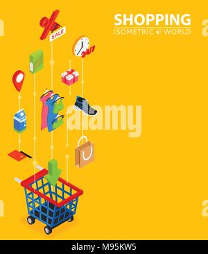 Shopping integrated 3d web icons. Digital network isometric interact concept. Connected graphic design dot and line system. Abstract background for ecommerce, market and sales. Stock Vector