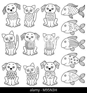 Set of amusing cartoon cats, dogs and fishes with various decorative design elements, hand drawing vector illustration Stock Vector