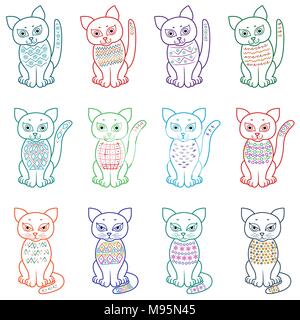 Set of twelve amusing cartoon cats with various decorative design elements, vector illustration Stock Vector
