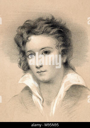 Percy Shelley. Portrait of the English romantic poet, Percy Bysshe Shelley (1792-1822), lithograph by John Alfred Vintner from the original picture by George Clint. Stock Photo
